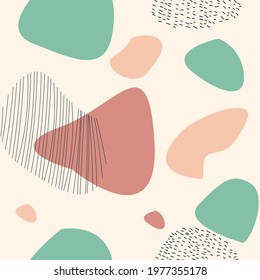 Trendy minimalist seamless pattern with hand drawn various shapes and doodle objects. Abstract creative contemporary modern vector illustration for kids, wrapping, print, textile, fabric, covers.