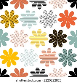 Moda moderna y minimalista sin fisuras, con flores de rayas y punteadas. Impresión floral simple para tee, textil y tela. Ilustración vectorial de estilo retro para decoración y diseño.

