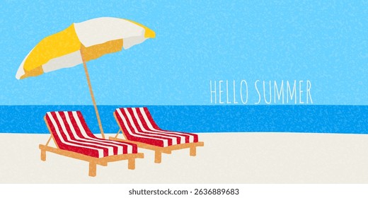 Trendy minimalist summer banner. Vector background with beach loungers and umbrella on seashore. Concept cover for party, ads, branding, holiday, event, card, invitation, banner.