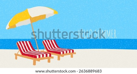 Trendy minimalist summer banner. Vector background with beach loungers and umbrella on seashore. Concept cover for party, ads, branding, holiday, event, card, invitation, banner.