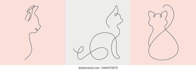 Trendy Minimalist Vector illustration set with Cat Single Line Art Drawing. 