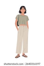 Trendy minimalist vector illustration of a stylish young woman in summer outfit – crop top, wide-leg pants, sandals, and shoulder bag. Perfect for fashion, lifestyle, or travel design