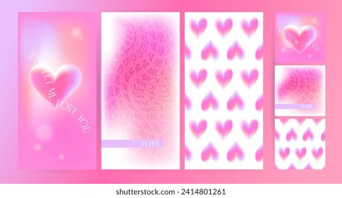 Trendy minimalist y2k design Valentine's Day party invitation set for social media. Blurry aesthetic vector illustrations with aura hearts, abstract unfocused gradient and typography. Vector eps10