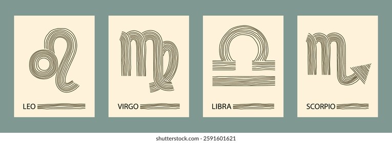 Trendy minimalist zodiac signs: libra, leo, virgo and scorpio. Abstract hand drawn vector horoscope