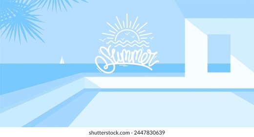 Trendy Minimalistic Abstract Terrace Sea Or Ocean Vector Landscape Illustration Background Art