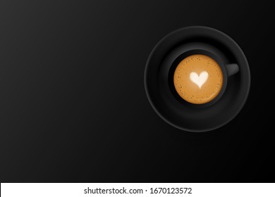 Trendy minimalistic black background with a black cup of latte coffee with a heart