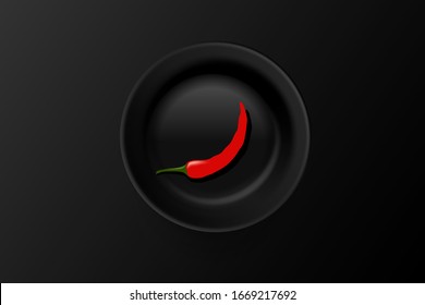 Trendy minimalistic black still life with a chili pepper on a black plate