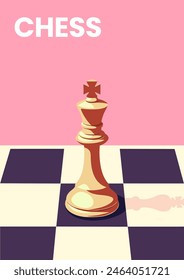 Trendy and minimalistic chess game flat cartoon vector poster with copy space. The art features a white king piece, a chessboard and a calm pink background. Ideal for a banner or landing page