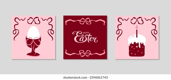 Trendy minimalistic Easter cards set. Ribbon bow, egg on cap, festive cake and lettering. Greeting square background for Social media. Holidays spring invitation. Vector illustration in coquette style
