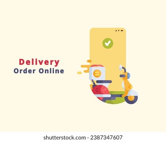 Trendy minimalistic food delivery service or online food order application banner design template with smartphone screen and delivery scooter or it. Vector illustration