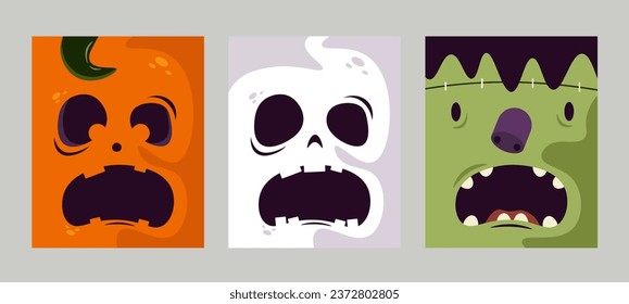 Trendy minimalistic Halloween poster set with funny characters. Festive background, cover, sale banner, flyer design. Templates for advertising, web, social media