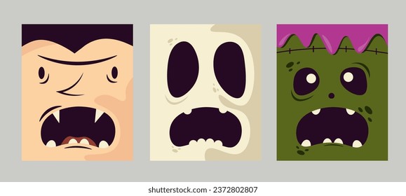 Trendy minimalistic Halloween poster set with funny characters. Festive background, cover, sale banner, flyer design. Templates for advertising, web, social media