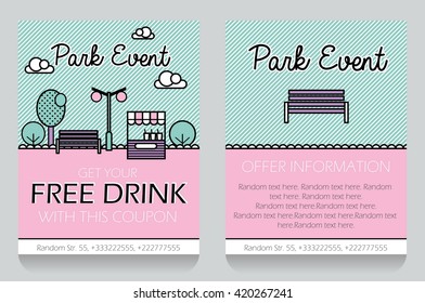 Trendy minimalistic icon style outdoor park event themed discount coupon, advertising flyer, gift voucher customizable template. Replace text, add your logo to customize template.