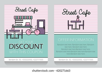 Trendy minimalistic icon style small street cafe themed discount coupon, advertising flyer, gift voucher customizable template. Replace text, add your logo to customize template.