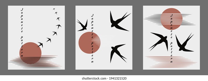Trendy minimalistic Japanese style illustration set. Flock of swallows fly into bright sun, unity of water, air, nature. Vector illustration, birds hieroglyphs