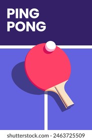 Trendy and minimalistic ping pong flat cartoon vector poster with copy space. The art consists of a table, a tennis racket, and a ball on a flat, vivid background. Ideal for banner or landing page