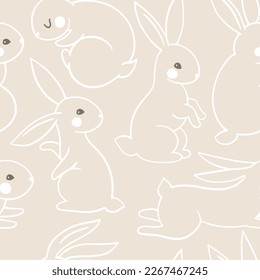 Trendy minimalistic seamless pattern with rabbits. Sketch line silhouette animal bunny in vector. Hand drawn cartoon linocut of cute forest character on beige background