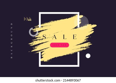 Trendy minimalistic vector design with yellow spot drawed and white geometric figures on the black background