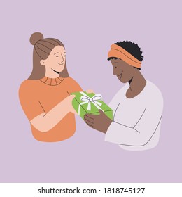 Trendy minimalistic vector illustration. Flat style for your design, package, poster, decoration. A joyful woman gives a gift to her friend. Multinational people. Autumn vibes and colors.