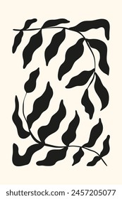 Trendy minimalists poster with two black wriggling branches in Matisse style. Abstract floral template for interior decoration, banner, cover, print, postcard.