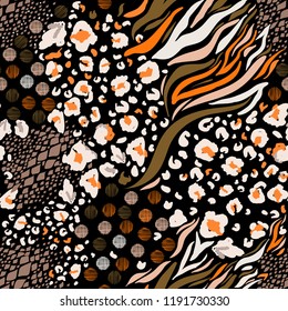 Trendy  Mix animal skin prints ,Leopard, snake, zebra, tiger safari africa seamless pattern vector design for fashion,fabric and all prints on black background