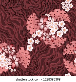 Trendy Mix animal skin prints , zebra, tiger, safari africa seamless pattern vector design for fashion,fabric . Decorated with tropical flowers and leaves