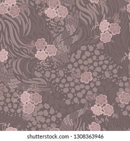Trendy Mix animal skin prints , zebra, tiger, safari africa seamless pattern vector design for fashion,fabric . Decorated with tropical flowers and leaves