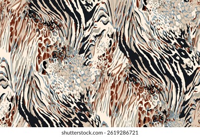 Trendy mix of animal skin prints including leopard, zebra, and tiger in a seamless safari Africa pattern design for fashion and fabric.