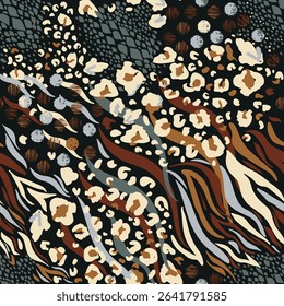 Trendy mix of animal skin prints, featuring a Bohemian textile print that is suitable for use in fabric, clothing, covers, motifs, and wallpaper.