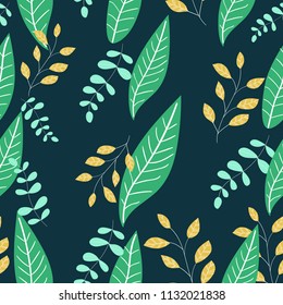 Trendy mix leaves Pattern on Peacock blue background, seamless textile pattern print, eps 10 vector