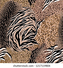 Trendy Mixed animal skin,tiger,zebra,leopard,snake, background. Seamless pattern vector design for fashion fabric ,wallpaper and all prints on brown