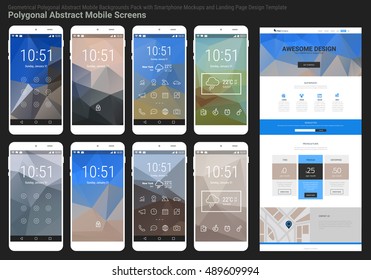 Trendy mobile abstract polygonal geometric backgrounds pack with smartphone mockups and responsive website landing page template polygonal header background. Startup Bundle Material Series