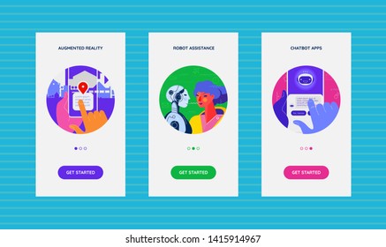 Trendy mobile app splash screens with artificial intelligence chat bot application, augmented reality and robotic technology concept