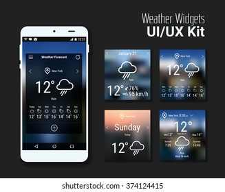 Trendy mobile app weather widgets UI kit, on blurred background, with smartphone mockup and bold line icons