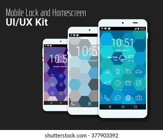 Trendy mobile smartphone UI kit, polygonal hexagonal geometric backgrounds. Welcome, lock and home page screens