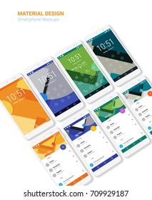 Trendy mobile UI kit, material geometric backgrounds. Welcome, lock, home page and file manager screens, with 3d isometric smartphone mockups