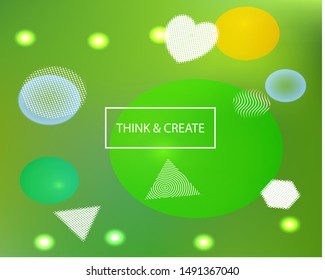 Trendy modern abstract background. Vector illustration flyer. Vibrant backdrop with colored bubbles and white shapes. Green elegant and easy editable smooth banner template.