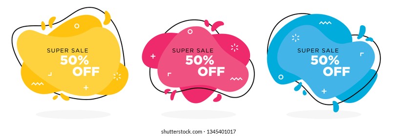 Trendy modern abstract banner set. Fluid geometric shapes with curvy lines and splashes. Flat bright colors. Print and web ready template. Vector. EPS10. CMYK.