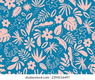 Trendy Modern abstract Botanical background with leaves and flowers in Matisse style. Hand drawn contemporary art collage. Vector seamless pattern with Scandinavian cut out elements. 