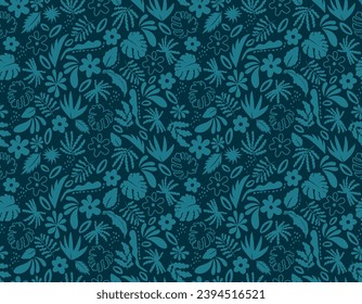 Trendy Modern abstract Botanical background with leaves and flowers in Matisse style. Hand drawn contemporary art collage. Vector seamless pattern with Scandinavian cut out elements. 
