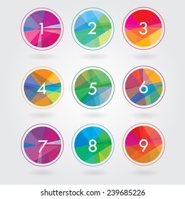 trendy modern abstract colorful round icon elements with numbers in polygonal triangular geometric pattern- business design shapes