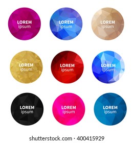 Trendy modern abstract colorful round icon elements in polygonal triangular geometric pattern. Vector design for your logo, logotype, banner, flyer, design elements. Business geometric design shapes. 