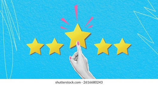 Trendy modern  art collage, customer experience concept. Woman's hand shows five stars. Excellent score on blue background, copy space. Vector banner with halftone effect 
