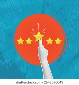 Trendy modern  art collage, customer experience concept. Woman's hand shows five stars. Excellent score on blue background, copy space. Vector banner with halftone effect 