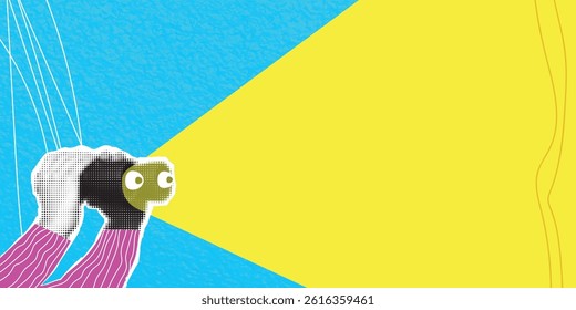 Trendy modern art collage. Hand with binoculars and eyes. Search concept. Vector banner with halftone effect and place for text