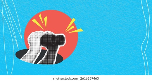 Trendy modern art collage. Hand with binoculars. Search concept. Vector banner with halftone effect and place for text