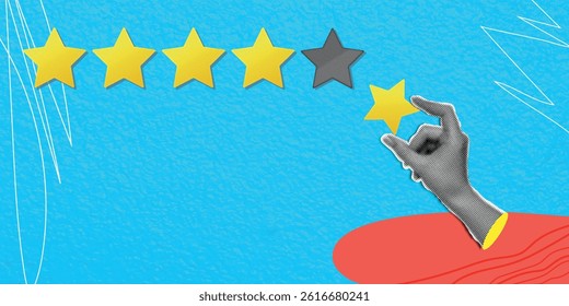 Trendy modern art collage. Hand holding a star which is a five star customer service rating. Vector banner with halftone effect and place for text