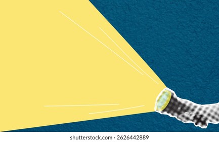 Trendy modern art collage. Hand with lantern. Spotlight light. Search concept. Vector banner with halftone effect and place for text