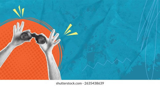 Trendy modern art collage. Hand with binoculars. Search concept. Vector banner with halftone effect and place for text