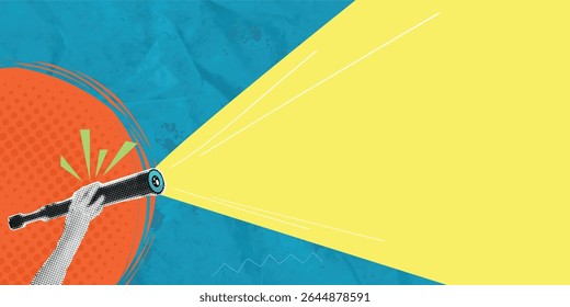 Trendy modern art collage. Hand with telescope on a blue background. Search concept. Vector banner with halftone effect and place for text